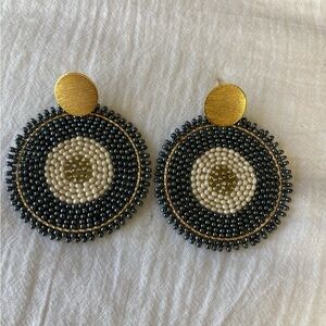Navy‎ Blue Cream Gold Tone Beaded Bohemian Dangle Earrings